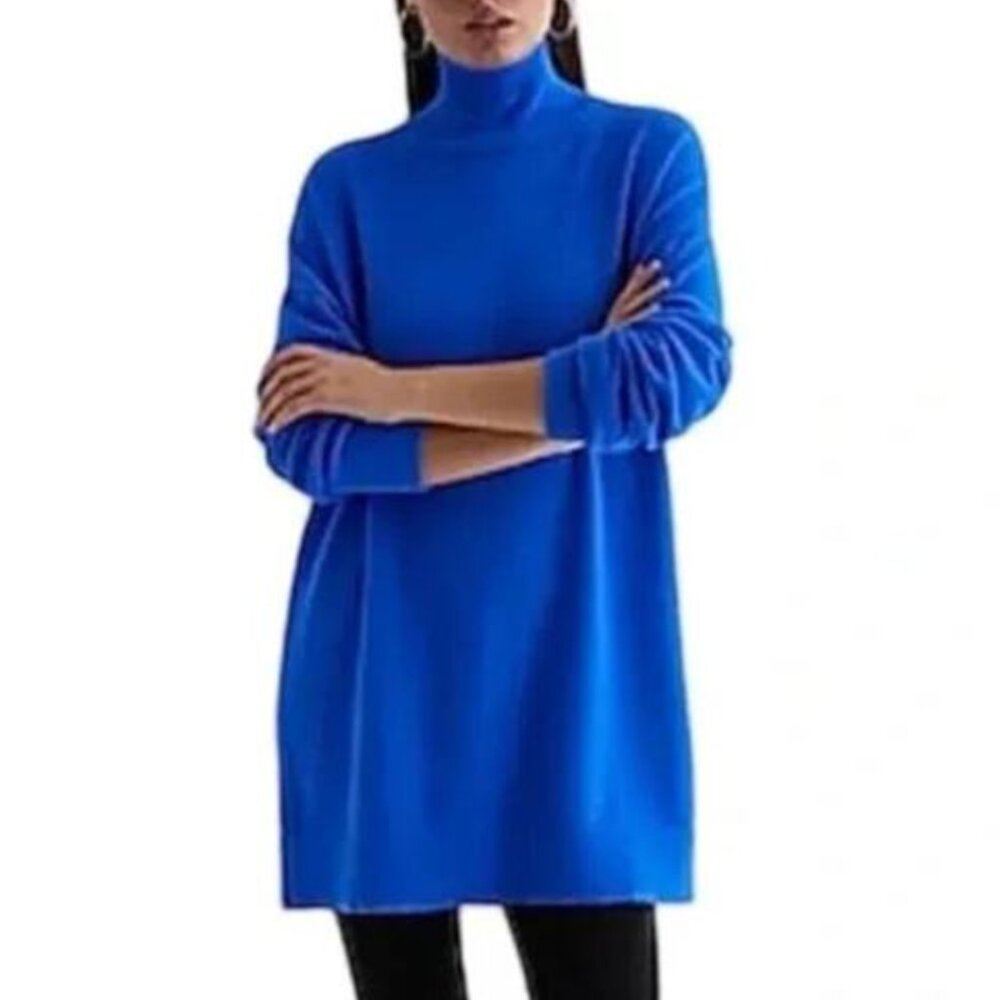 EXPRESS Turtleneck Oversized Sweater Solid Cobalt Blue Fuzzy Tunic Sweater Large